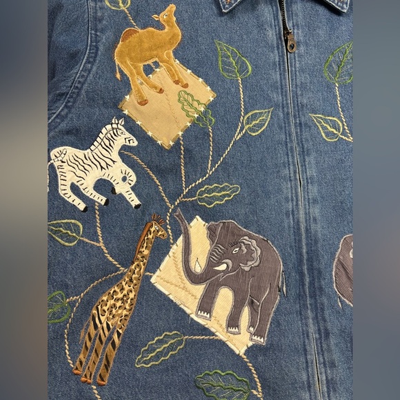 Vintage Dress Barn Appliqued Jungle Animals Denim Zip Jacket Size Small Zebra - Picture 3 of 7